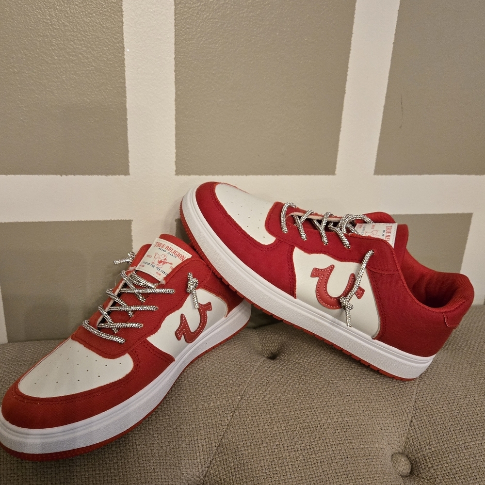 True Religion Red & White Low Top Sneakers featuring sparkling 9